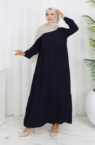 Viskon Kumaş Yarım Düğmeli Elbise 4125-02 Lacivert