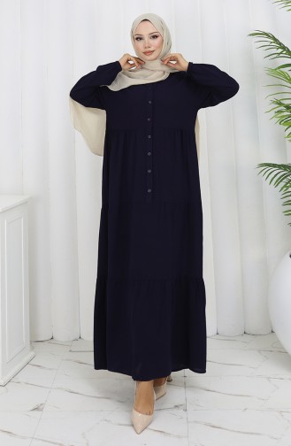 Viscose Fabric Half Buttoned Dress 4125-02 Navy Blue 4125-02