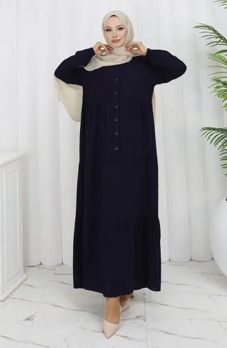 Viskon Kumaş Yarım Düğmeli Elbise 4125-02 Lacivert