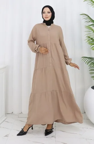Viscose Fabric Half Buttoned Dress 4125-03 Beige 4125-03