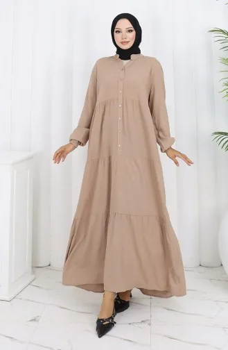 Viscose Fabric Half Buttoned Dress 4125-03 Beige 4125-03