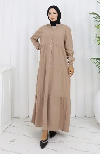 Viscose Fabric Half Buttoned Dress 4125-03 Beige 4125-03