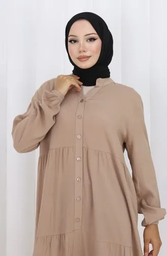 Viscose Fabric Half Buttoned Dress 4125-03 Beige 4125-03
