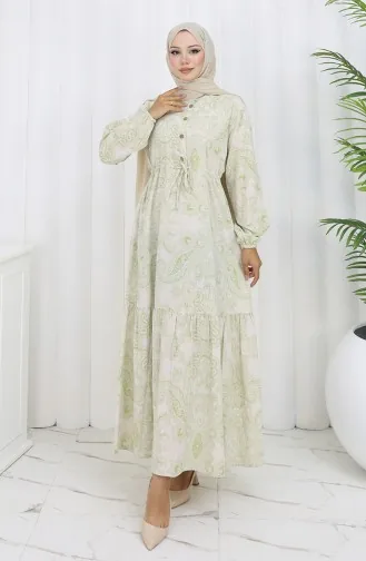 Linen Fabric Waist Tie-Down Buttoned Dress 0173-01 Khaki 0173-01