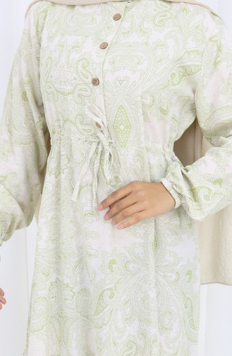 Keten Kumaş Beli Bağcıklı Düğmeli Elbise 0173-01 Haki