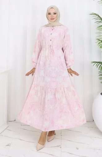 Robe Boutonnée En Lin Avec Ceinture Nouée 0173-02 Rose 0173-02