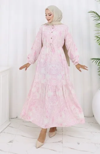 Robe Boutonnée En Lin Avec Ceinture Nouée 0173-02 Rose 0173-02