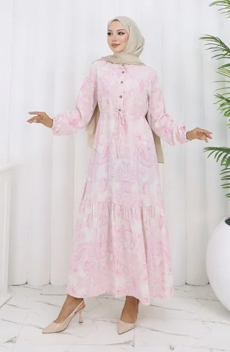 Robe Boutonnée En Lin Avec Ceinture Nouée 0173-02 Rose 0173-02