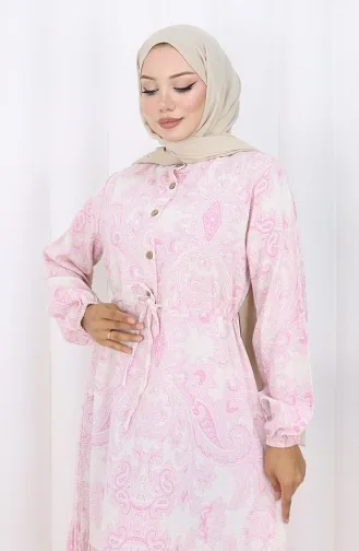 Robe Boutonnée En Lin Avec Ceinture Nouée 0173-02 Rose 0173-02