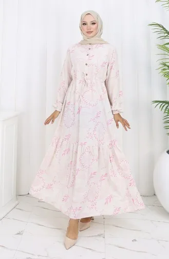 Linen Fabric Waist Tie-Down Buttoned Dress 0173A-01 Pink 0173A-01