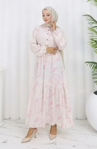 Linen Fabric Waist Tie-Down Buttoned Dress 0173A-01 Pink 0173A-01