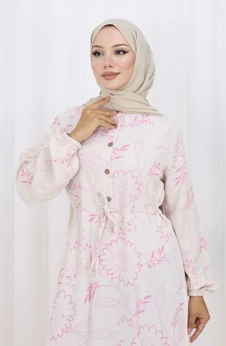 Linen Fabric Waist Tie-Down Buttoned Dress 0173A-01 Pink 0173A-01