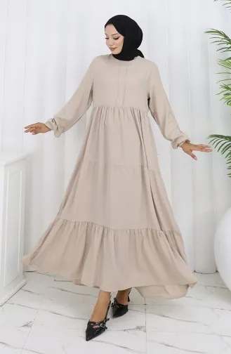 فستان بخصر مطوي وأكمام مرنة 2149-06 حجري 2149-06