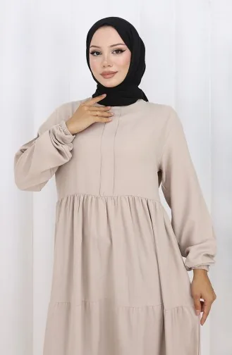 فستان بخصر مطوي وأكمام مرنة 2149-06 حجري 2149-06