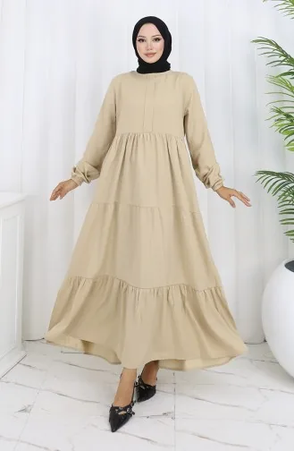 فستان بأكمام مرنة وخصر مطوي 2149-07 بيج 2149-07
