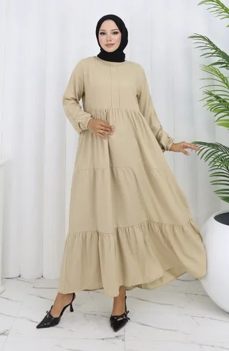 فستان بأكمام مرنة وخصر مطوي 2149-07 بيج 2149-07