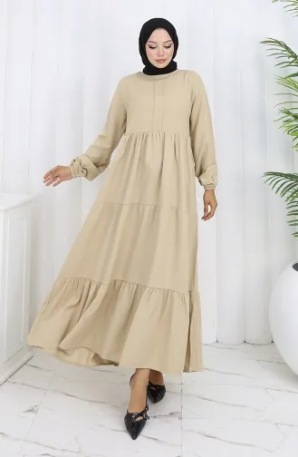 فستان بأكمام مرنة وخصر مطوي 2149-07 بيج 2149-07