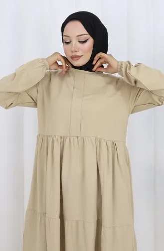 فستان بأكمام مرنة وخصر مطوي 2149-07 بيج 2149-07