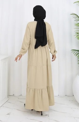 فستان بأكمام مرنة وخصر مطوي 2149-07 بيج 2149-07