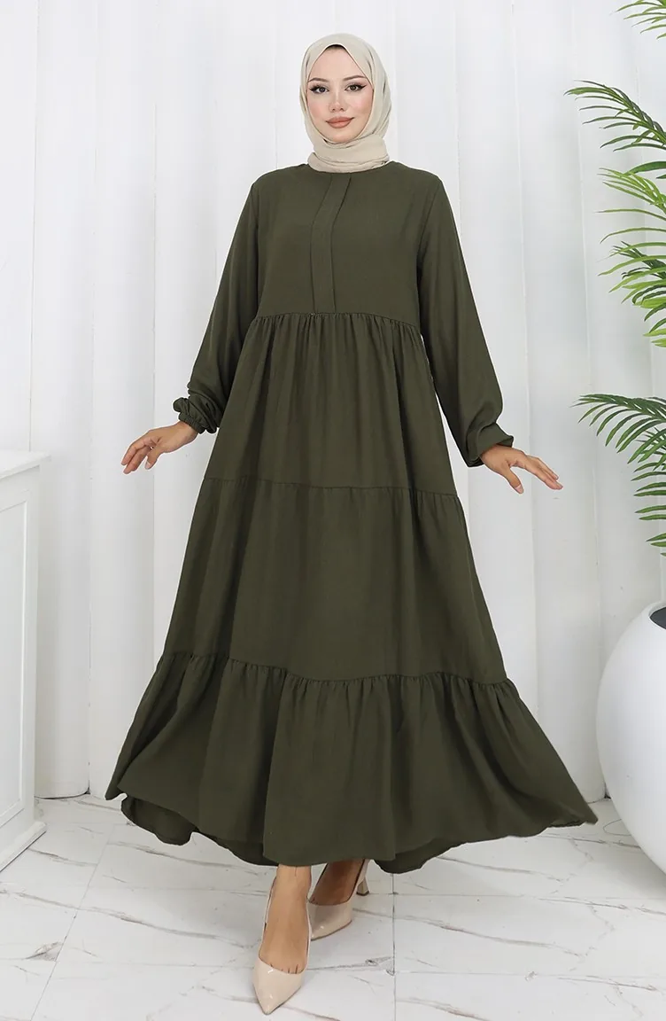Kleid Mit Plissierter Taille Und Elastischen Ärmeln 2149-08 Khaki 2149-08
