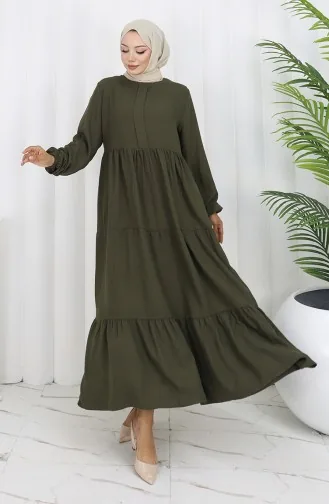 Kleid Mit Plissierter Taille Und Elastischen Ärmeln 2149-08 Khaki 2149-08