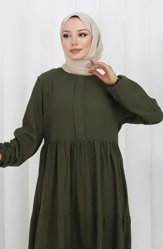 Kleid Mit Plissierter Taille Und Elastischen Ärmeln 2149-08 Khaki 2149-08