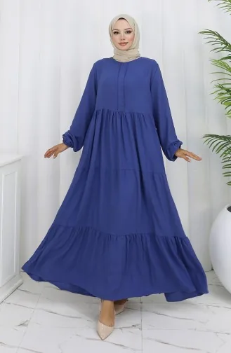 Beli Büzgülü Kolu Lastikli Elbise 2149-10 İndigo