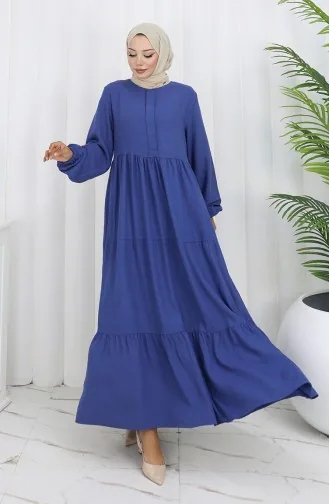 Beli Büzgülü Kolu Lastikli Elbise 2149-10 İndigo