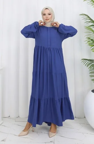 Beli Büzgülü Kolu Lastikli Elbise 2149-10 İndigo