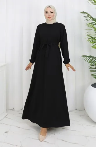 Kleid Mit Elastischen Ärmeln Und Gürtel 2150-02 Schwarz 2150-02