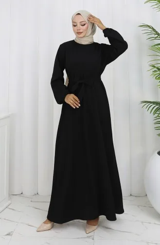 Kleid Mit Elastischen Ärmeln Und Gürtel 2150-02 Schwarz 2150-02