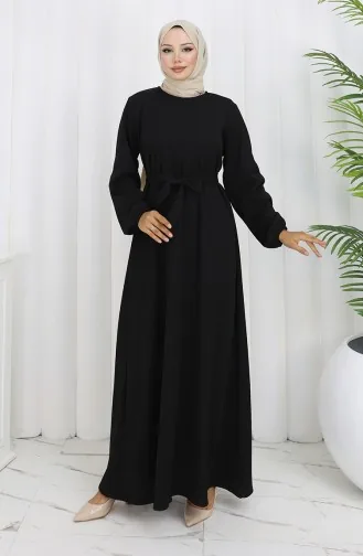 Kleid Mit Elastischen Ärmeln Und Gürtel 2150-02 Schwarz 2150-02