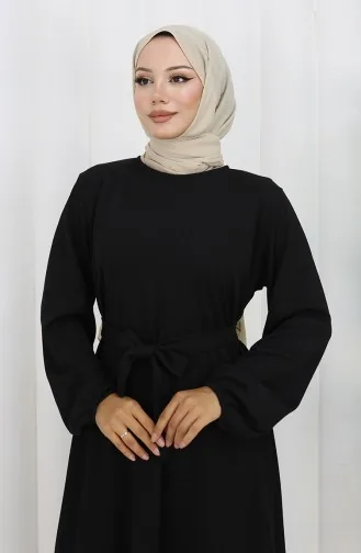 Kleid Mit Elastischen Ärmeln Und Gürtel 2150-02 Schwarz 2150-02