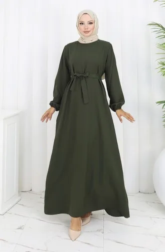 Kleid Mit Elastischen Ärmeln Und Gürtel 2151-02 Khaki 2151-02