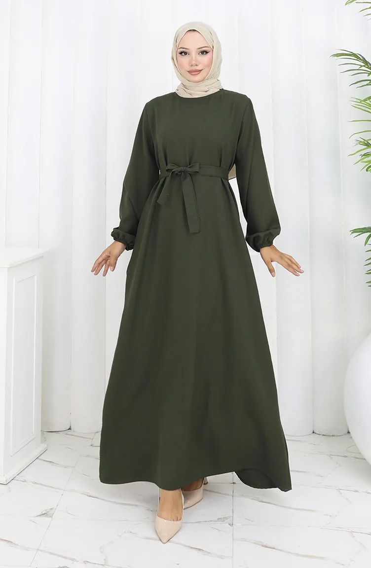 Kleid Mit Elastischen Ärmeln Und Gürtel 2151-02 Khaki 2151-02