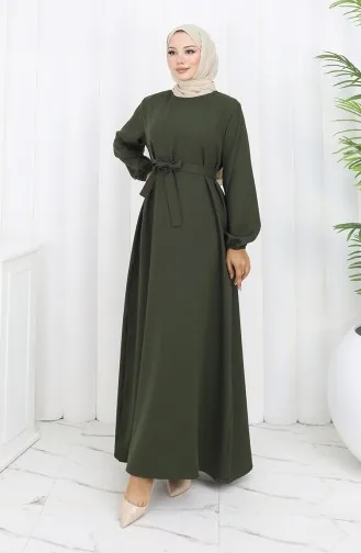 Kleid Mit Elastischen Ärmeln Und Gürtel 2151-02 Khaki 2151-02