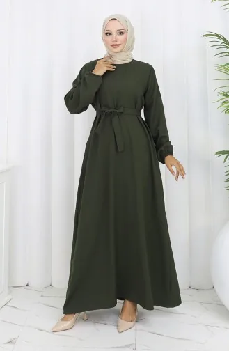 Kleid Mit Elastischen Ärmeln Und Gürtel 2151-02 Khaki 2151-02