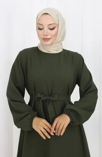 Kleid Mit Elastischen Ärmeln Und Gürtel 2151-02 Khaki 2151-02