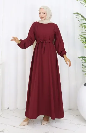 Robe Ceinturée à Manches élastiquées 2151-04 Rouge Bordeaux 2151-04