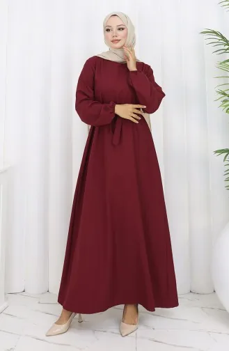 Robe Ceinturée à Manches élastiquées 2151-04 Rouge Bordeaux 2151-04