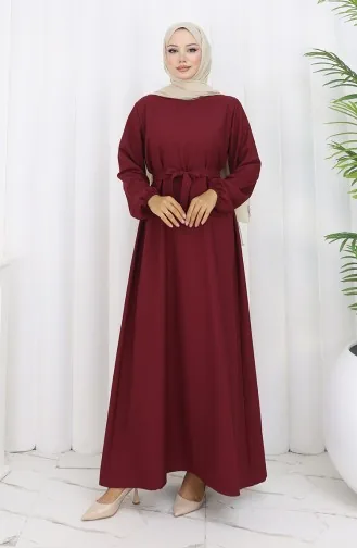 Robe Ceinturée à Manches élastiquées 2151-04 Rouge Bordeaux 2151-04