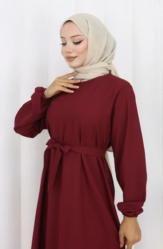 Robe Ceinturée à Manches élastiquées 2151-04 Rouge Bordeaux 2151-04