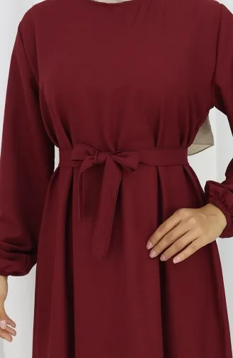 Robe Ceinturée à Manches élastiquées 2151-04 Rouge Bordeaux 2151-04