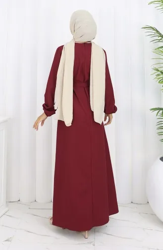 Robe Ceinturée à Manches élastiquées 2151-04 Rouge Bordeaux 2151-04
