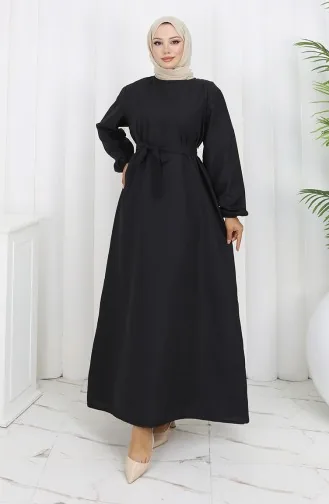 Kolu Lastikli Kuşaklı Elbise 2152-01 Siyah