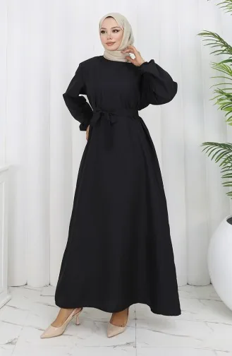 Kolu Lastikli Kuşaklı Elbise 2152-01 Siyah