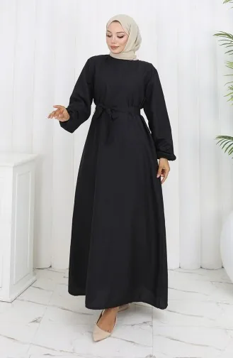 Kolu Lastikli Kuşaklı Elbise 2152-01 Siyah