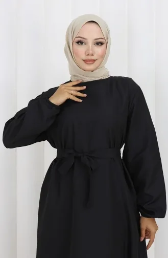 Kolu Lastikli Kuşaklı Elbise 2152-01 Siyah