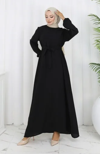 Kuşaklı Kolu Lastikli Elbise 2153-01 Siyah
