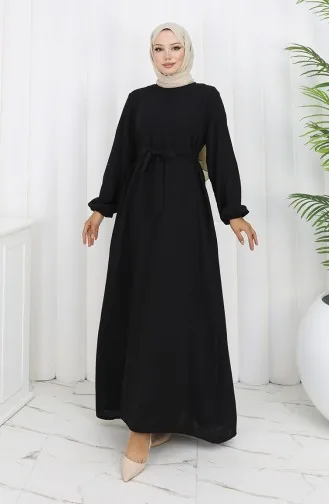 Kuşaklı Kolu Lastikli Elbise 2153-01 Siyah